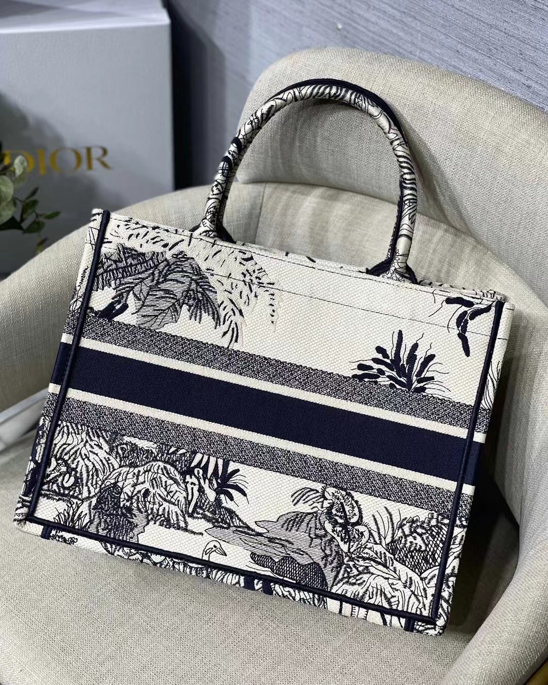 Dior Small Dior Book Tote In Blue Toile de Jouy Palms Embroidery 119