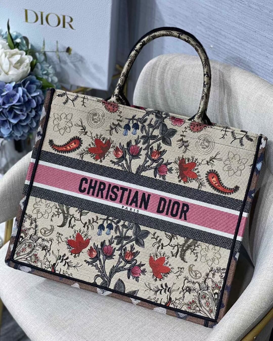 Dior Book Tote Bag In Multicolor Dior Flowers Embroidery 148