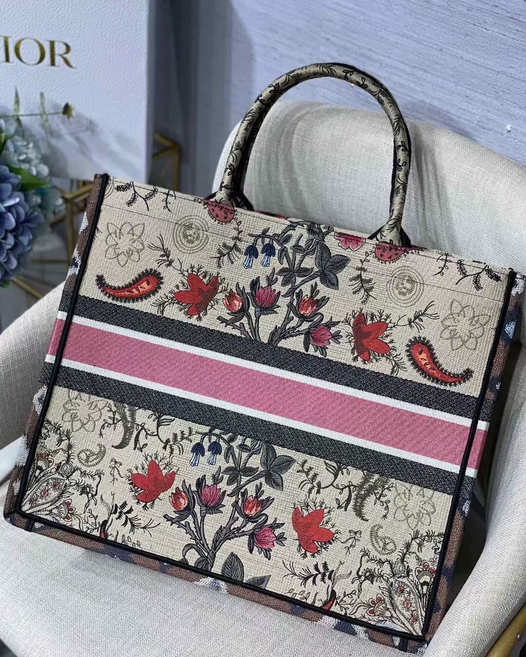 Dior Book Tote Bag In Multicolor Dior Flowers Embroidery 148