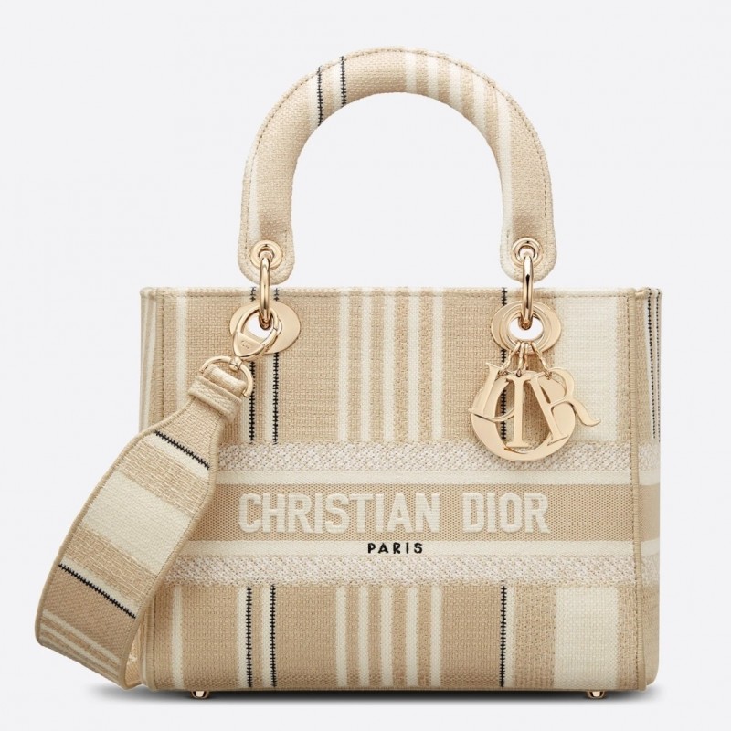 Dior Medium Lady D-Lite Bag In Beige Stripes Embroidery 647