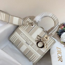 Dior Medium Lady D-Lite Bag In Beige Stripes Embroidery 647