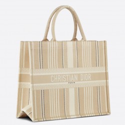 Dior Book Tote Bag In Beige Stripes Embroidery 227