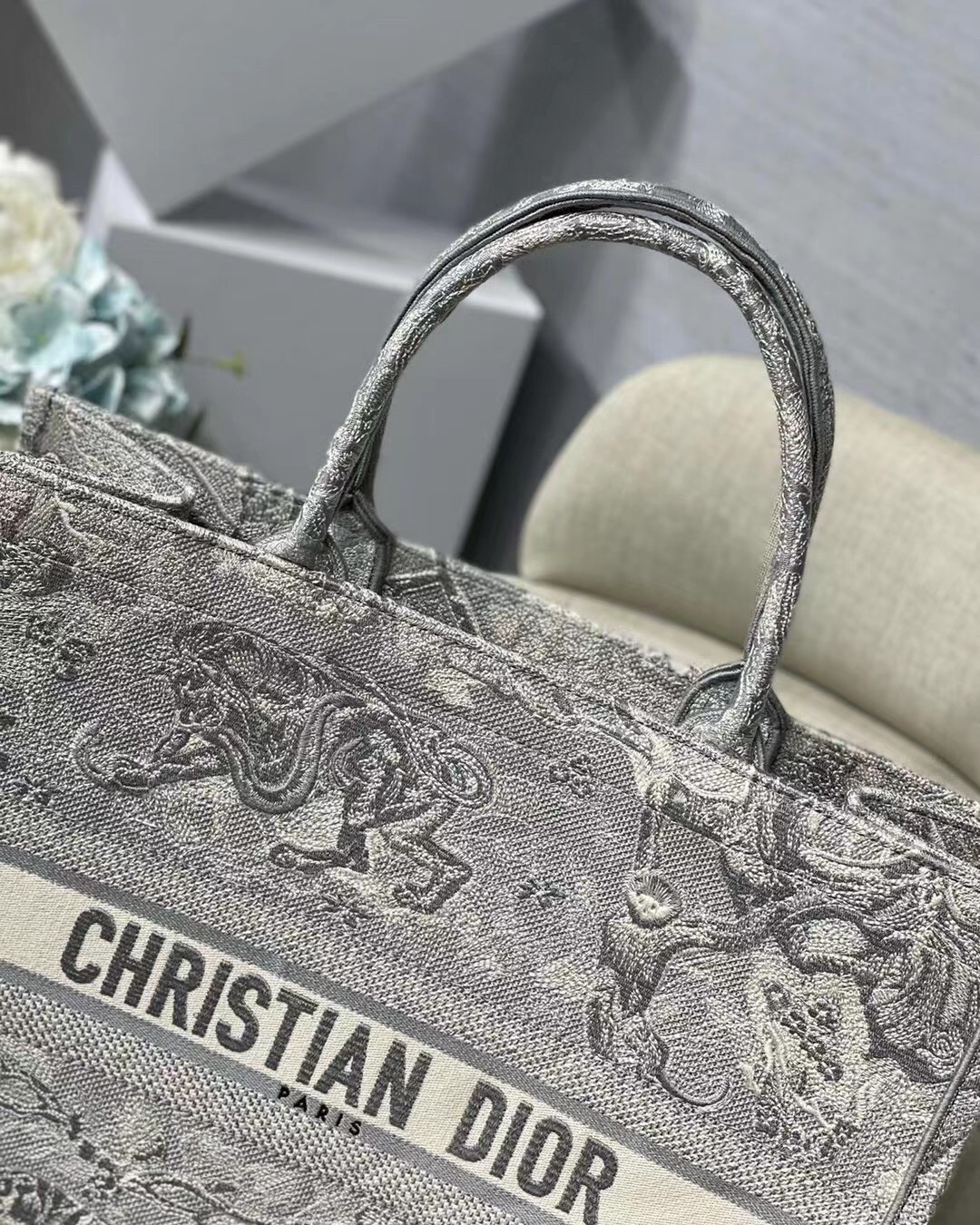 Dior Large Book Tote In Gray Toile de Jouy Reverse Embroidery 346