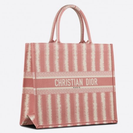 Dior Book Tote Bag In Pink D-Stripes Embroidery 407