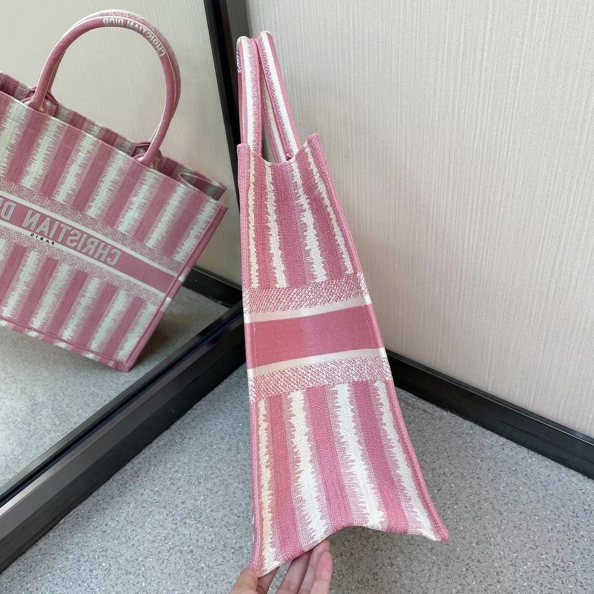 Dior Book Tote Bag In Pink D-Stripes Embroidery 407