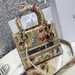 Dior Medium Lady D-Lite Hibiscus Metallic Thread Embroidery Bag  459