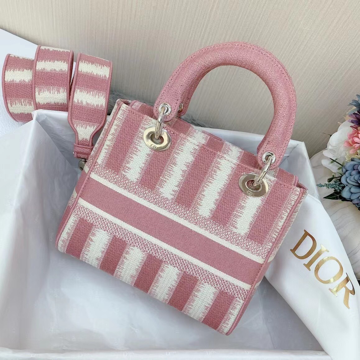 Dior Medium Lady D-Lite Bag In Pink D-Stripes Embroidery 490