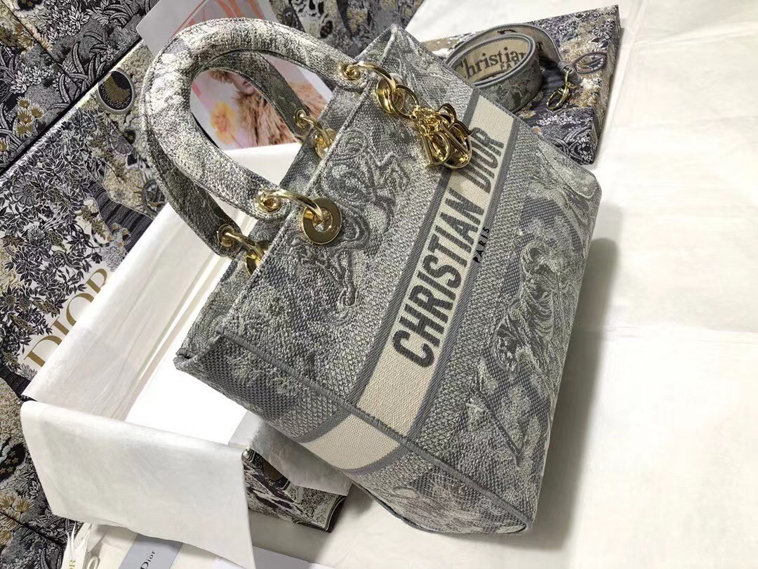 Dior Large Lady D-Lite Bag In Gray Toile de Jouy Reverse Embroidery 607