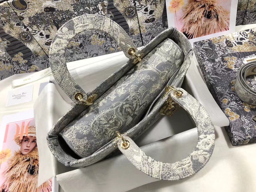 Dior Large Lady D-Lite Bag In Gray Toile de Jouy Reverse Embroidery 607