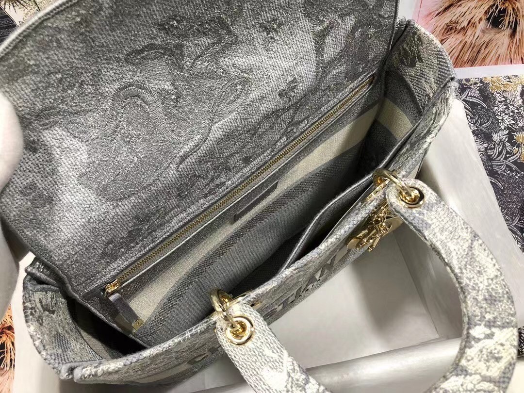 Dior Large Lady D-Lite Bag In Gray Toile de Jouy Reverse Embroidery 607