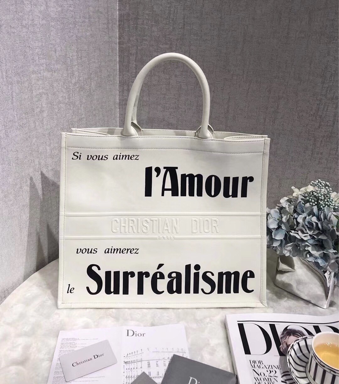 Dior Book Tote Bag In White Surrealism Printed Calfskin 593