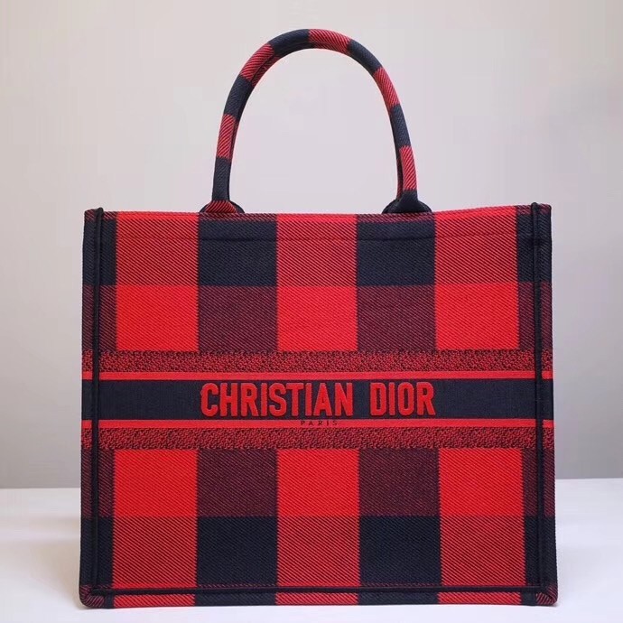 Dior Book Tote Bag In Red/Black Check Embroidered Canvas 491