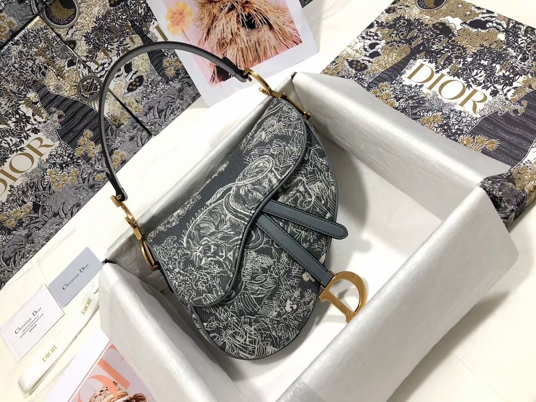 Dior Saddle Bag In Grey Toile de Jouy Reverse Jacquard 483