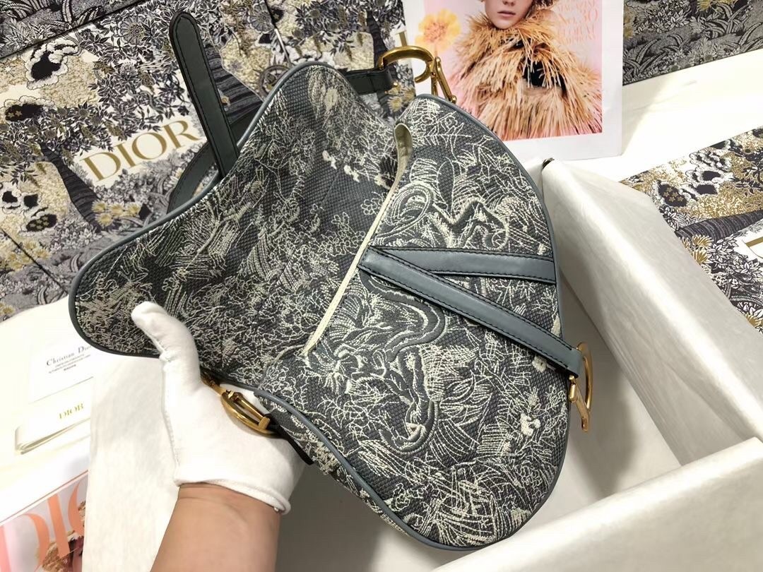 Dior Saddle Bag In Grey Toile de Jouy Reverse Jacquard 483