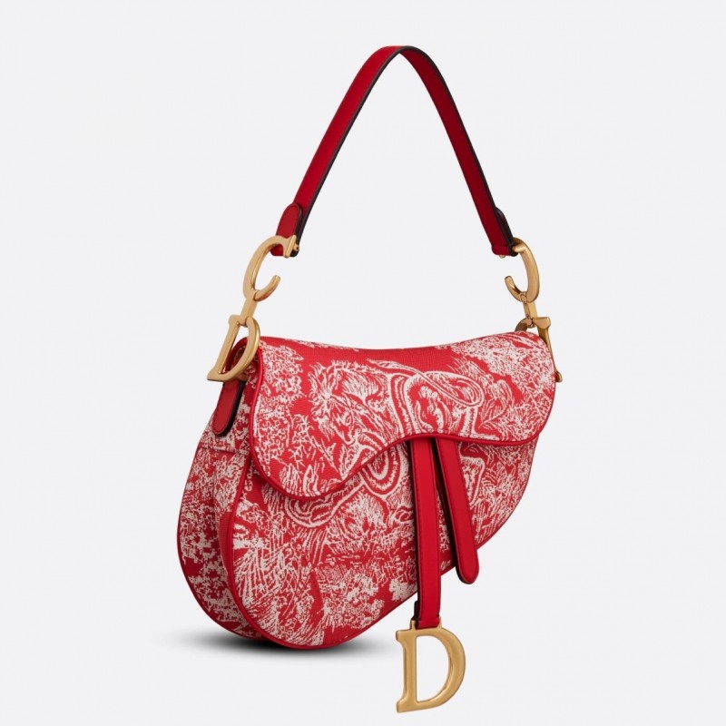 Dior Saddle Bag In Red Toile de Jouy Reverse Jacquard 516