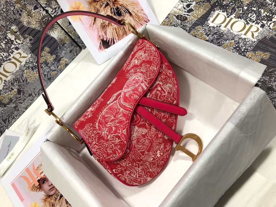 Dior Saddle Bag In Red Toile de Jouy Reverse Jacquard 516