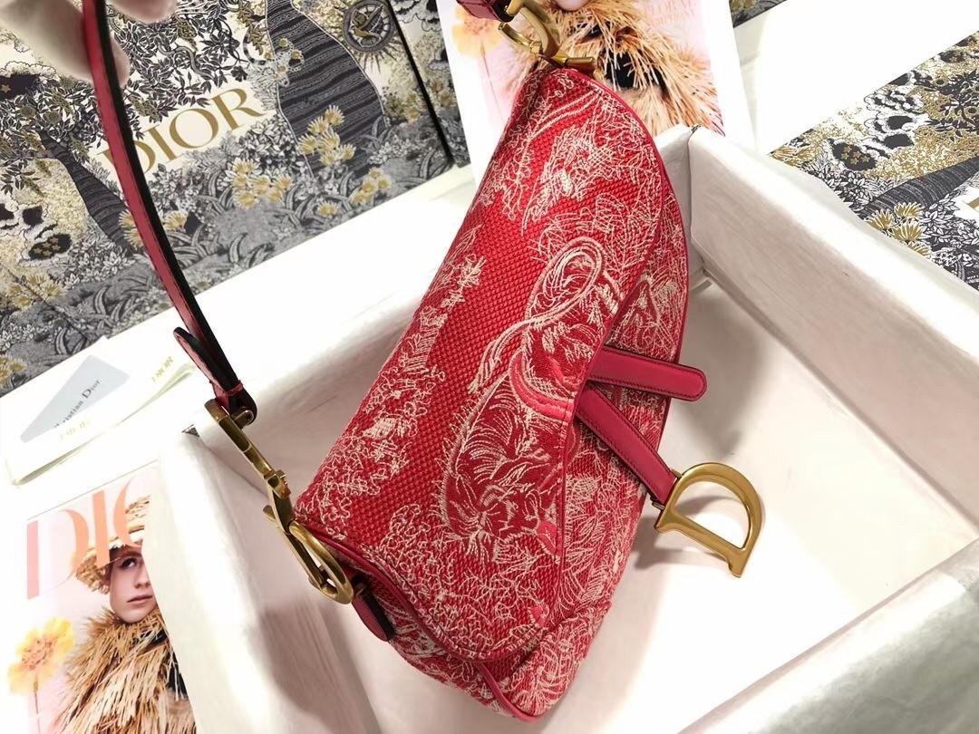 Dior Saddle Bag In Red Toile de Jouy Reverse Jacquard 516