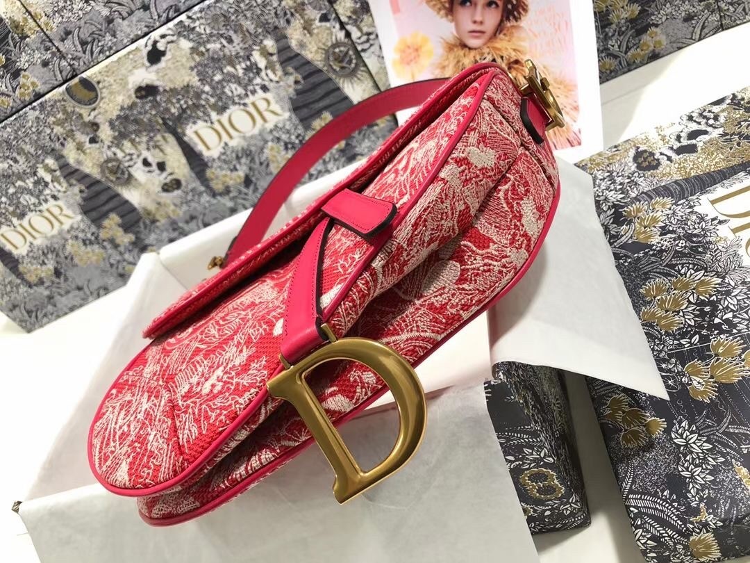 Dior Saddle Bag In Red Toile de Jouy Reverse Jacquard 516