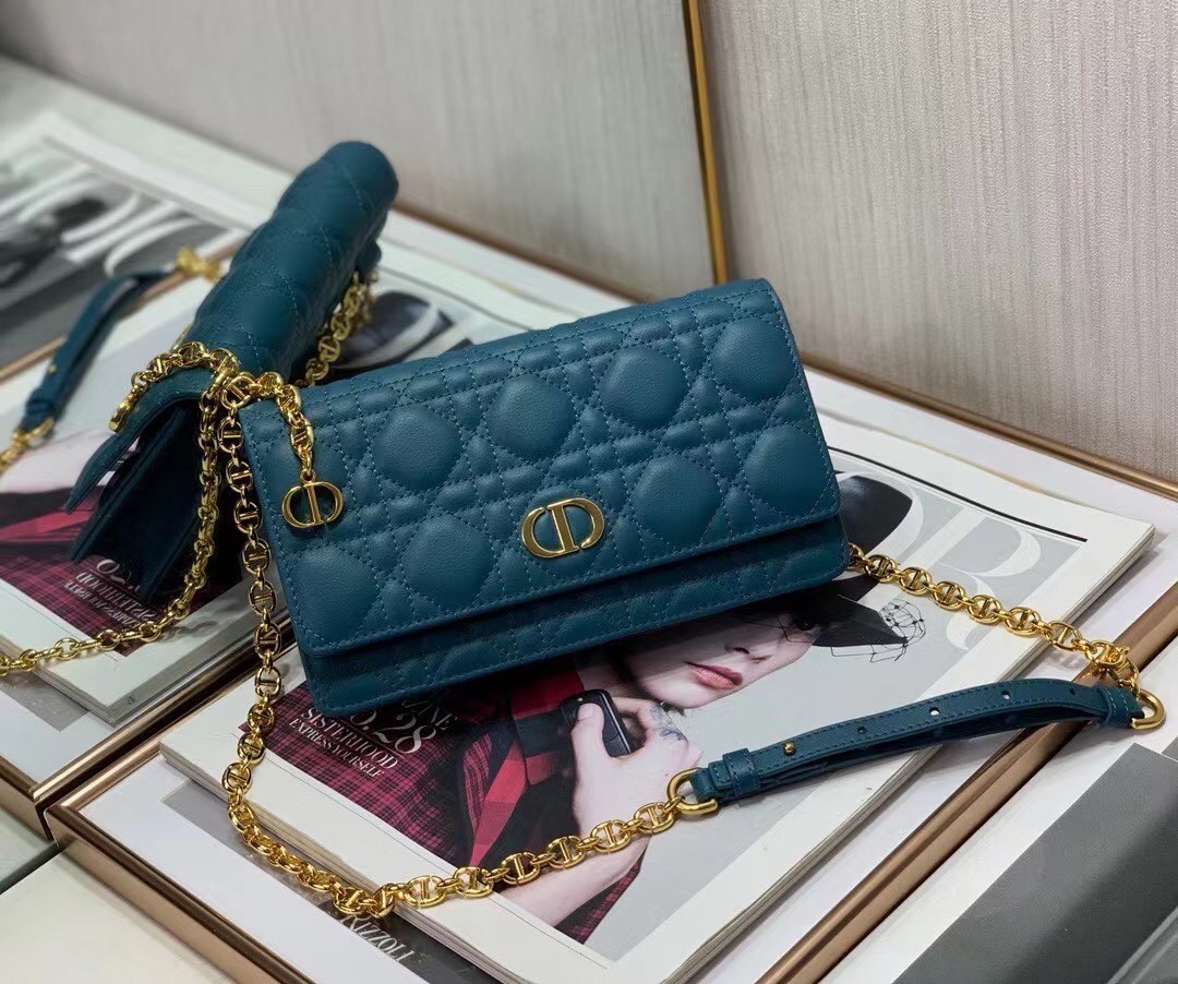 Dior Caro Belt Pouch with Chain In Steel Blue Calfskin 892