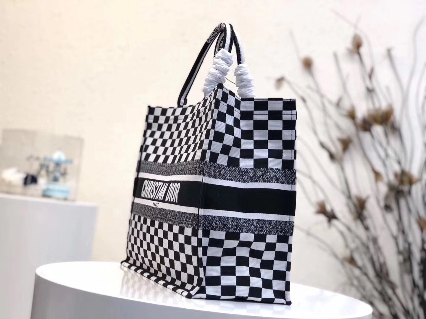 Dior Book Tote Bag In Black/White Checkered Canvas  735