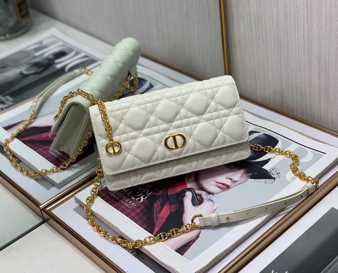 Dior Caro Belt Pouch with Chain In White Calfskin 921