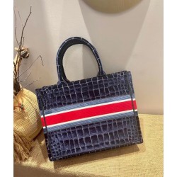 Dior Book Tote In Blue Crocodile-Effect Embroidered Velvet 173