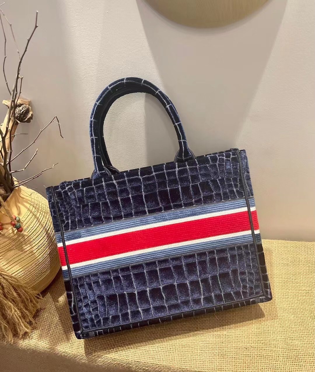 Dior Book Tote In Blue Crocodile-Effect Embroidered Velvet 173