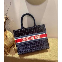 Dior Book Tote In Blue Crocodile-Effect Embroidered Velvet 173