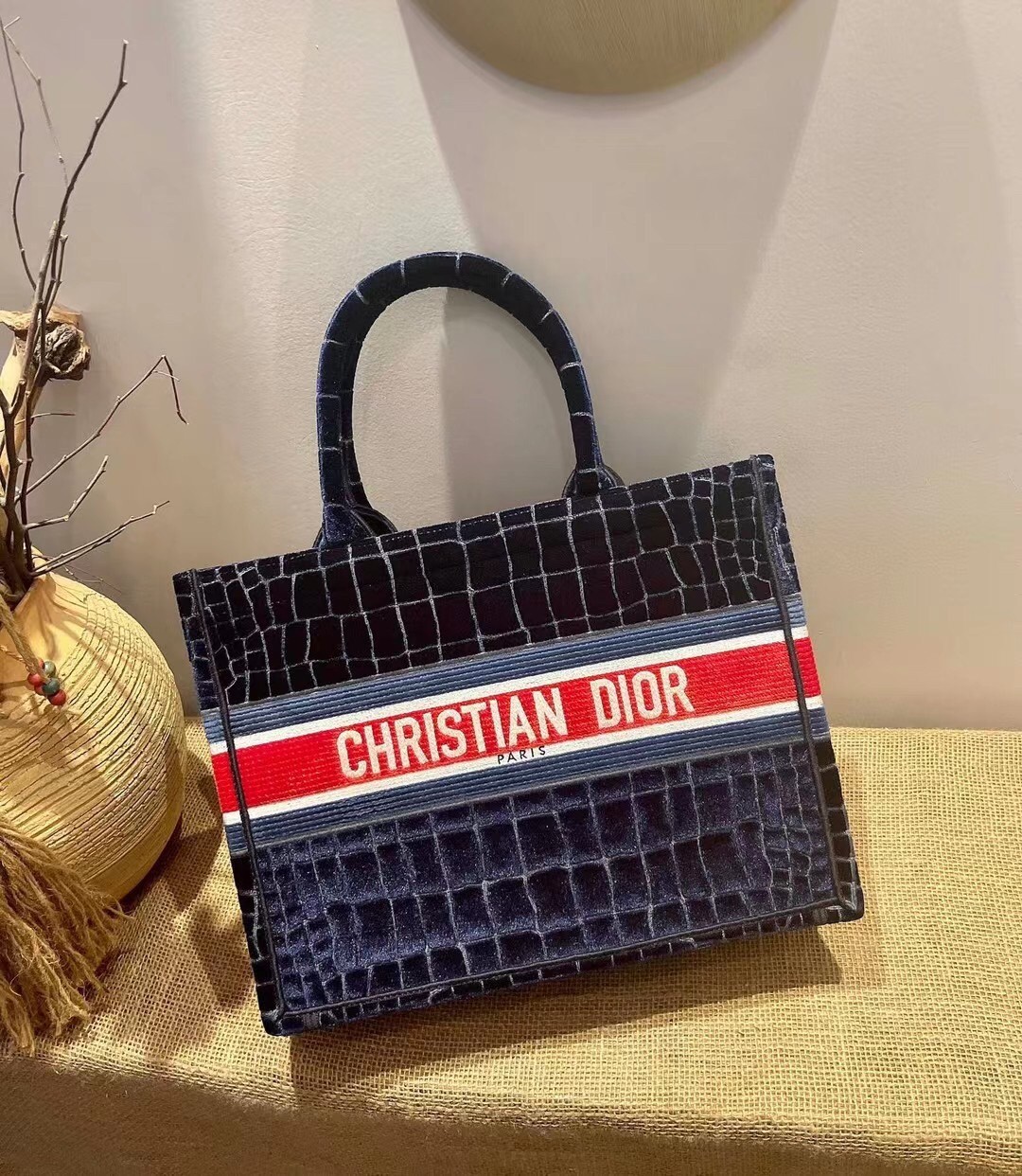 Dior Book Tote In Blue Crocodile-Effect Embroidered Velvet 173