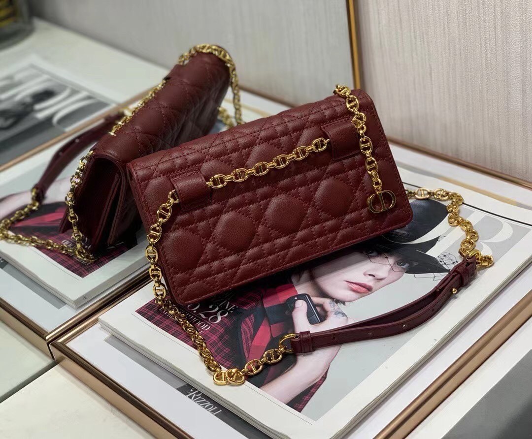 Dior Caro Belt Pouch with Chain In Bordeaux Calfskin 050