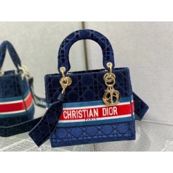 Dior Medium Lady D-Lite Bag In Blue Velvet Embroidery 388