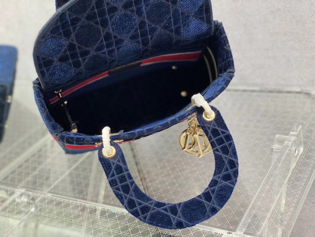 Dior Medium Lady D-Lite Bag In Blue Velvet Embroidery 388