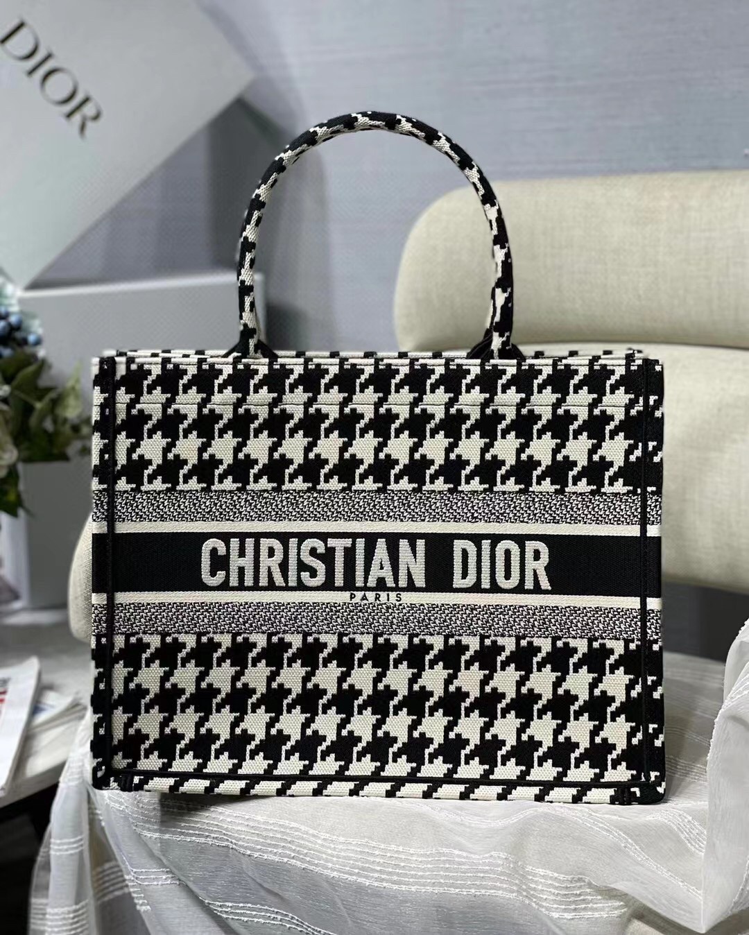 Dior Small Book Tote In Black Houndstooth Embroidery 886