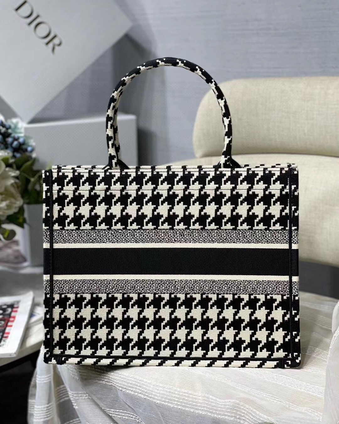 Dior Small Book Tote In Black Houndstooth Embroidery 886