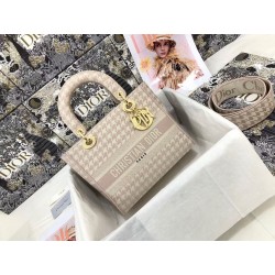 Dior Medium Lady D-Lite Bag In Pink Houndstooth Embroidery 212