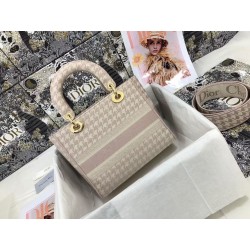 Dior Medium Lady D-Lite Bag In Pink Houndstooth Embroidery 212