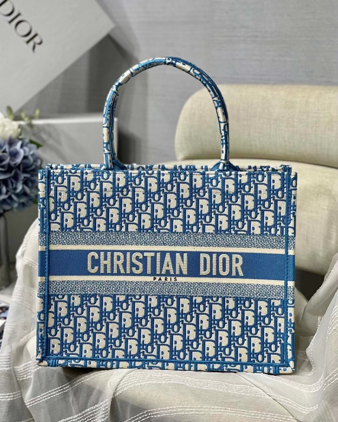 Dior Small Book Tote In Cornflower Blue Dior Oblique Embroidery 364