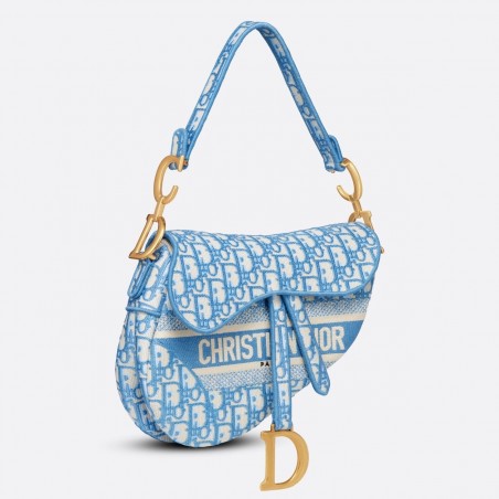 Dior Saddle Bag In Cornflower Blue Dior Oblique Embroidery 599