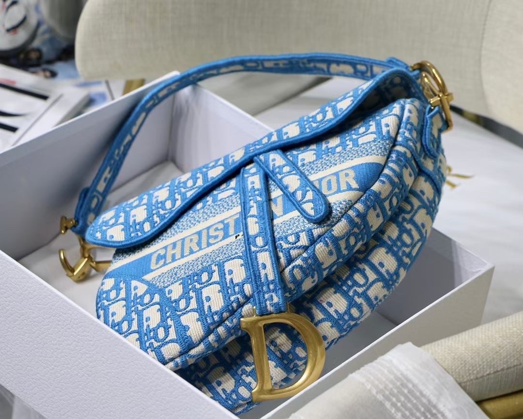 Dior Saddle Bag In Cornflower Blue Dior Oblique Embroidery 599