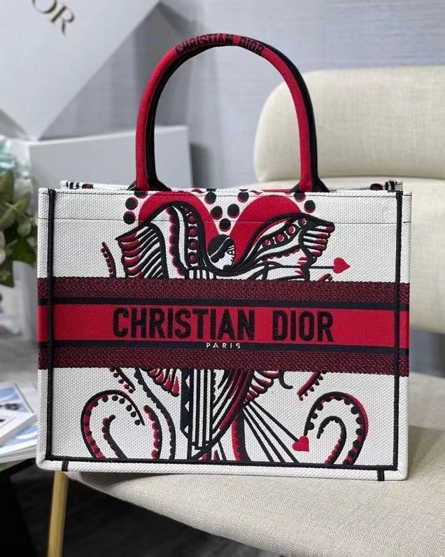 Dior Medium Book Tote In Latte Multicolor Cupidon Embroidery 230