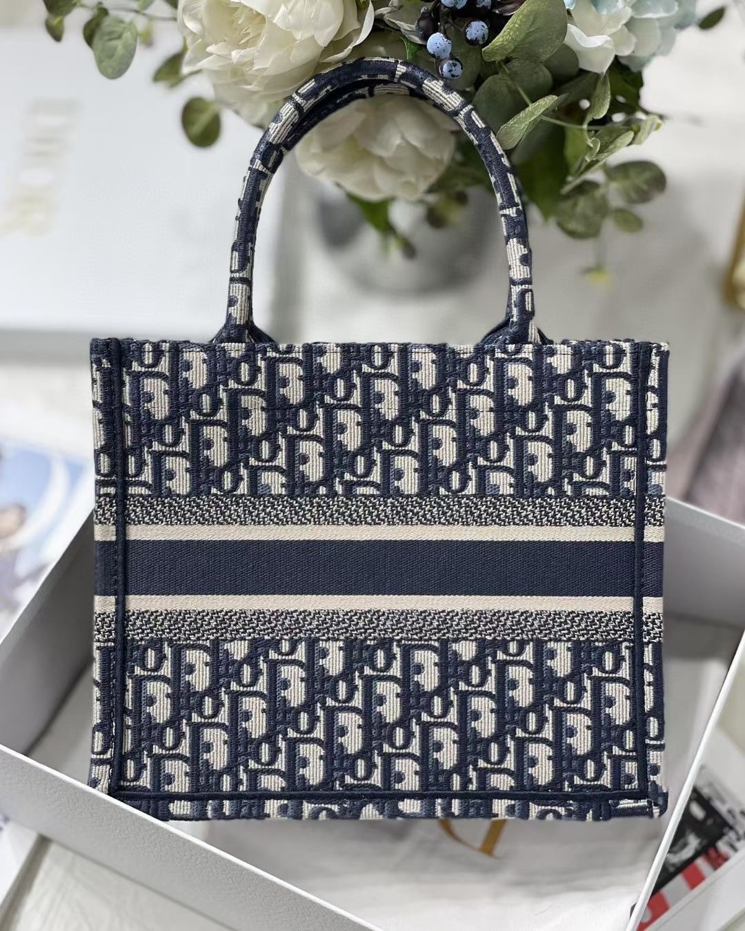 Dior New Small Book Tote In Blue Dior Oblique Jacquard 802