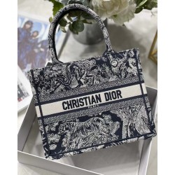 Dior New Small Book Tote In Blue Toile de Jouy Reverse Embroidery 844