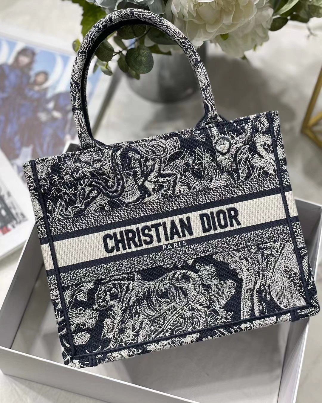 Dior New Small Book Tote In Blue Toile de Jouy Reverse Embroidery 844