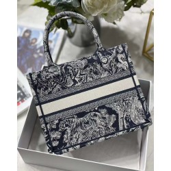 Dior New Small Book Tote In Blue Toile de Jouy Reverse Embroidery 844