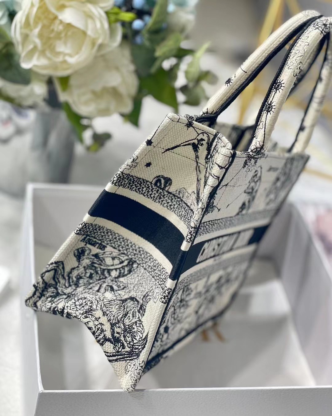 Dior New Small Book Tote In White Toile de Jouy Zodiac Embroidery 455