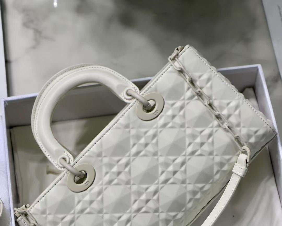 Dior Lady D-Joy Bag In White Calfskin with Diamond Motif 790