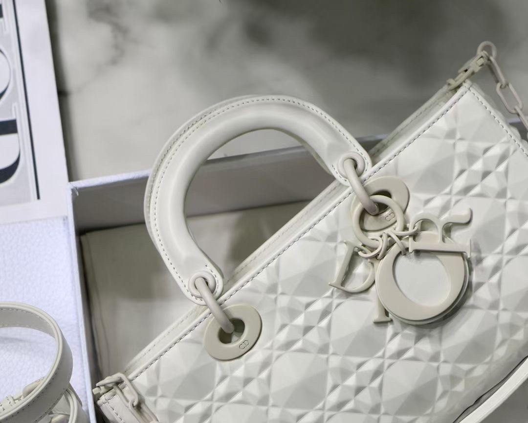 Dior Lady D-Joy Bag In White Calfskin with Diamond Motif 790