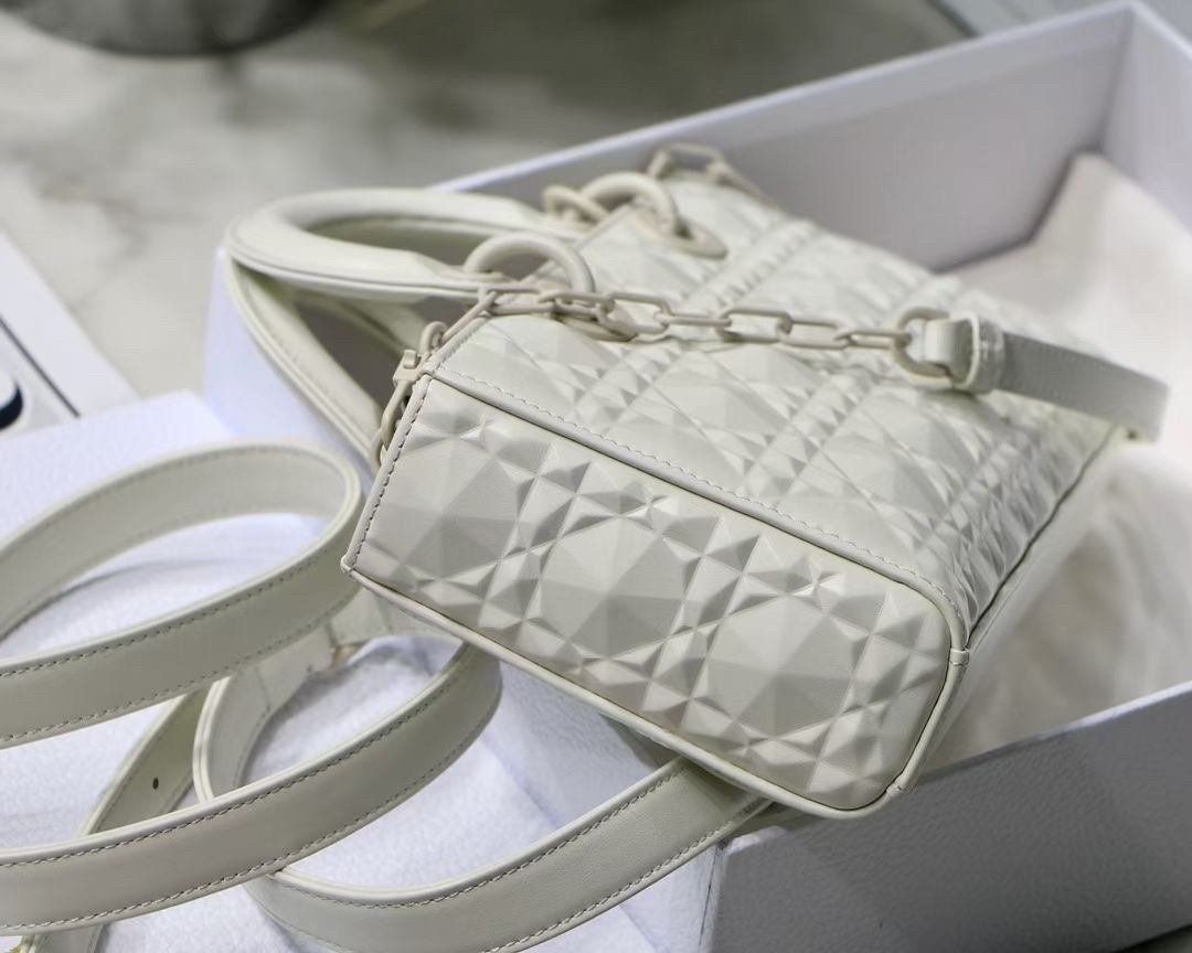 Dior Lady D-Joy Bag In White Calfskin with Diamond Motif 790