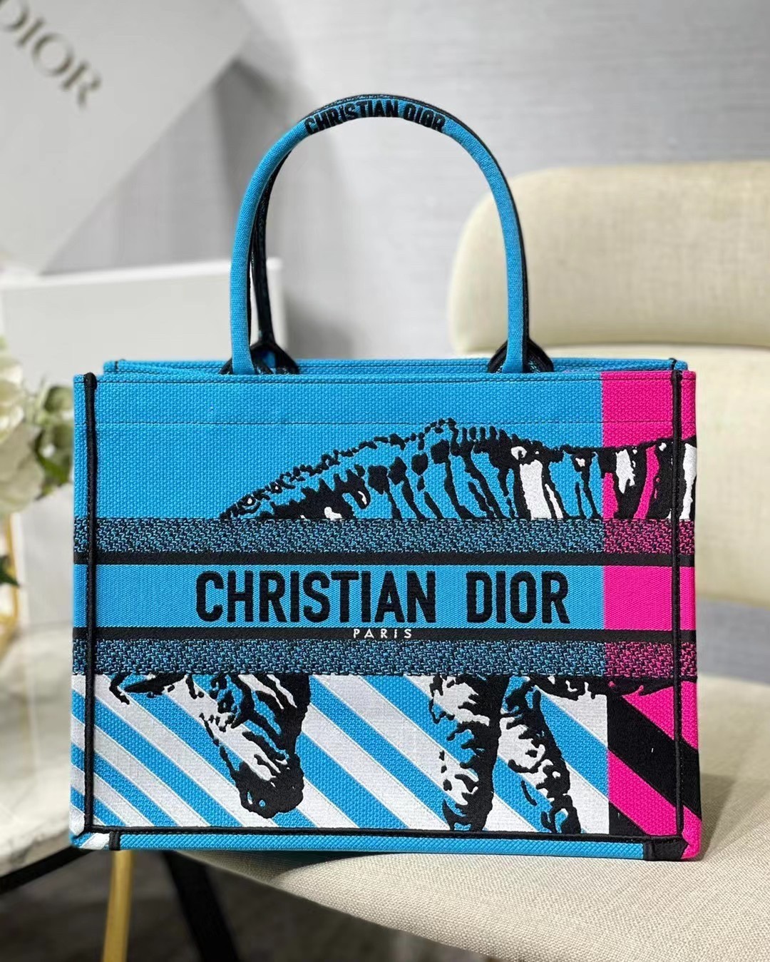 Dior Medium Book Tote Bag In Blue D-Jungle Pop Embroidery 851