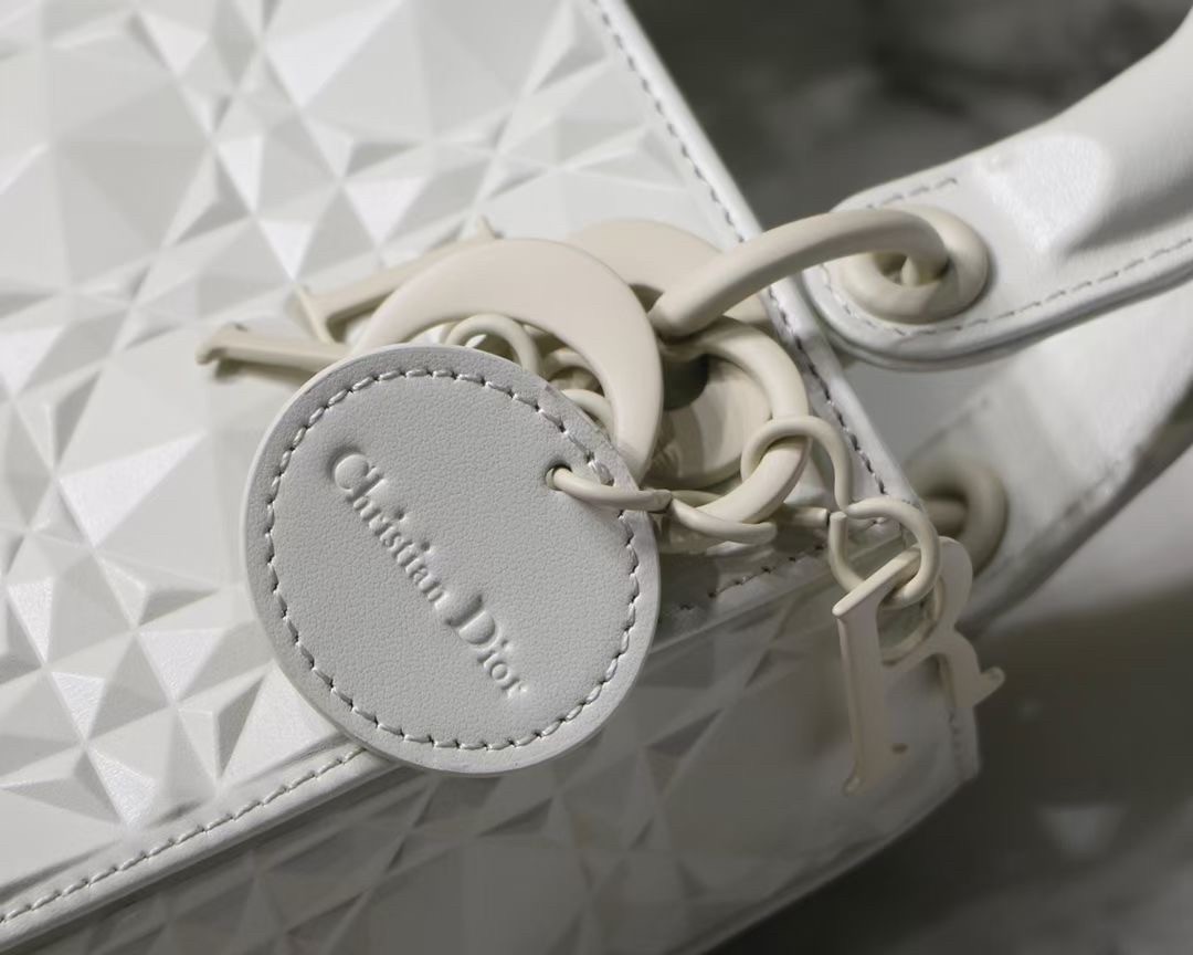 Dior Lady Dior Mini Bag In White Calfskin with Diamond Motif 060